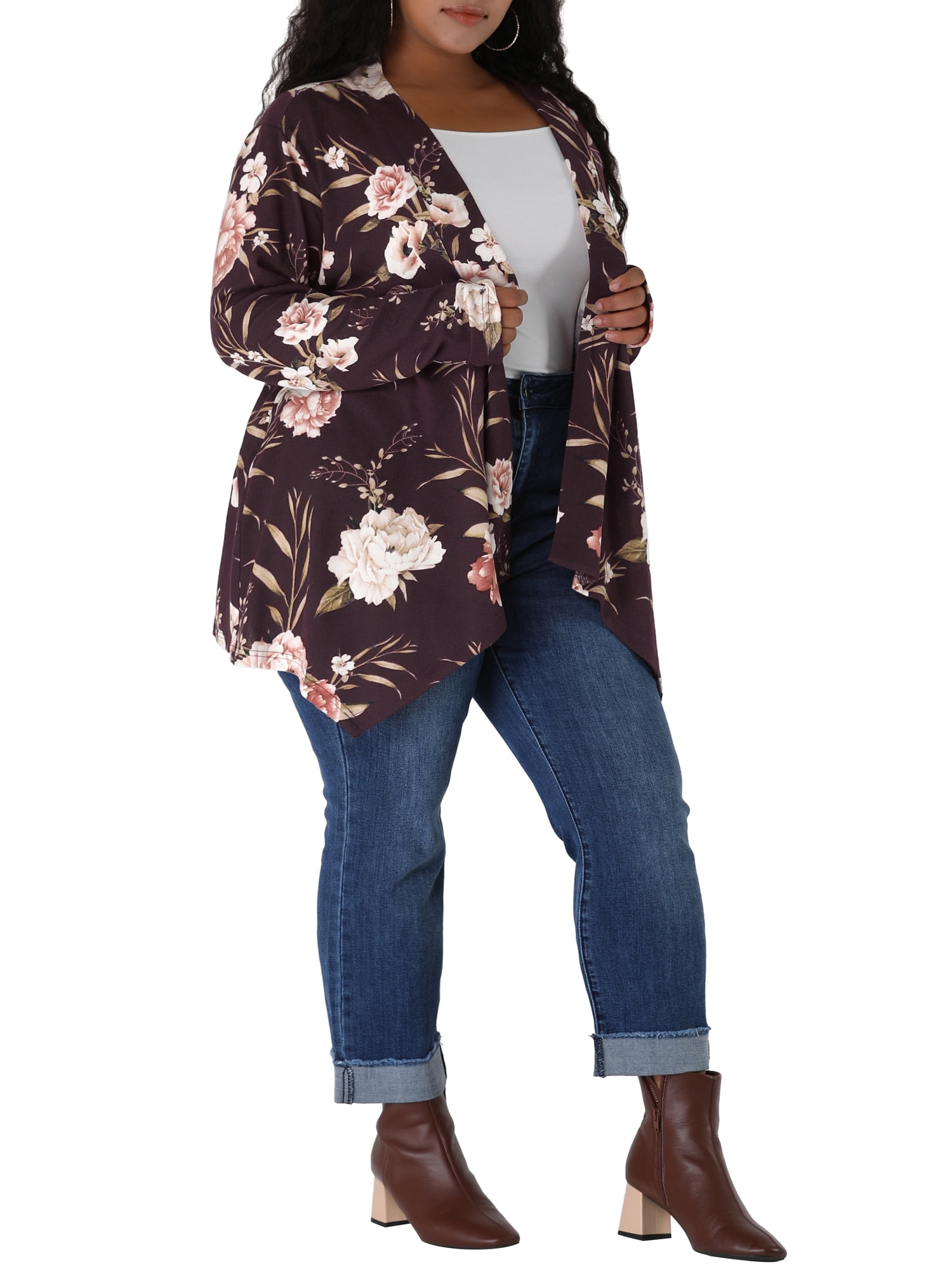 DARING DIVA Women's Plus Size Leopard Print Asymmetric Hem Cardigan 4X Burgundy