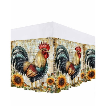 Sunflower Rooster Bed Skirt King Size 16" Drop Vintage Flower Farm Watercolor Texture Ruffled Wrap Around Bed Skirts Adjustable Elastic Bedskirt Dust Ruffle for King Size Bed
