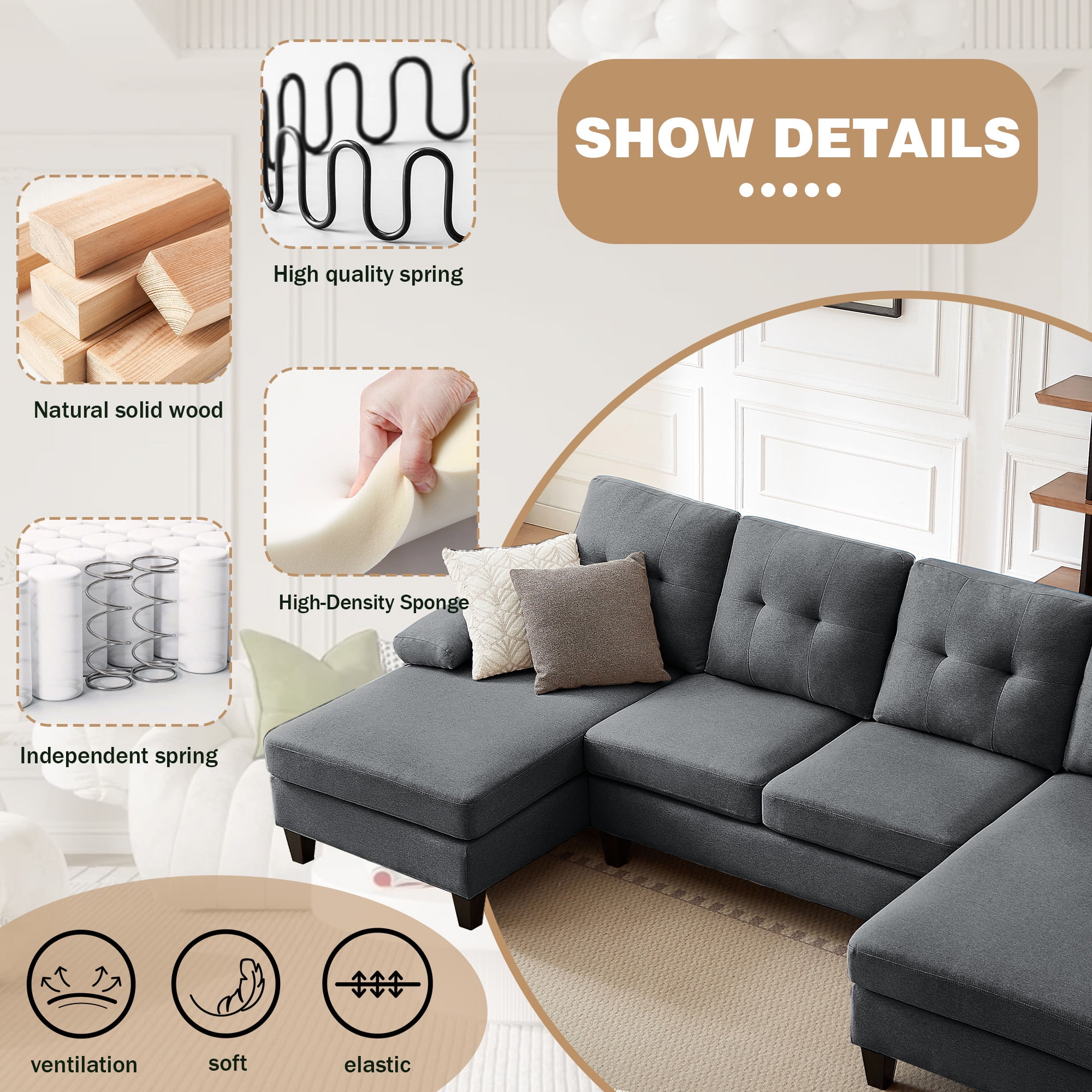Soscana 105" Sectional Sofa U Shaped Couch with Double Chaises, Modern Linen Sofa Oversized 4 Seater Couch for Living Room, Apartment, Office, Studio