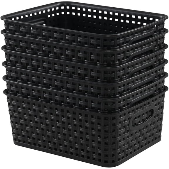6 Pack Plastic Storage Baskets,Plastic Weave Storage Organizer Baskets,White Weave Basket Bins Organizer for Office Home,10.1" x 7.55" x 4.1"(Black)
