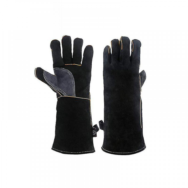 Fireproof Gloves Extreme Heat & Fire Resistant Gloves Leather With Kevlar Stitching. These black gloves feature a double-layered leather surface made of high-quality cowhide, over 1.2mm thick, with Kevlar stitching for durability. The gloves are insulated with soft, sweat-wicking cotton and have denim cuffs, providing heat resistance up to 662°F (350°C). Designed for heavy-duty tasks like welding, grilling, and handling high-temperature objects, they offer puncture, cut, and moderate oil resistance. The reinforced palm adds cushioning for handling sharp or heavy items.