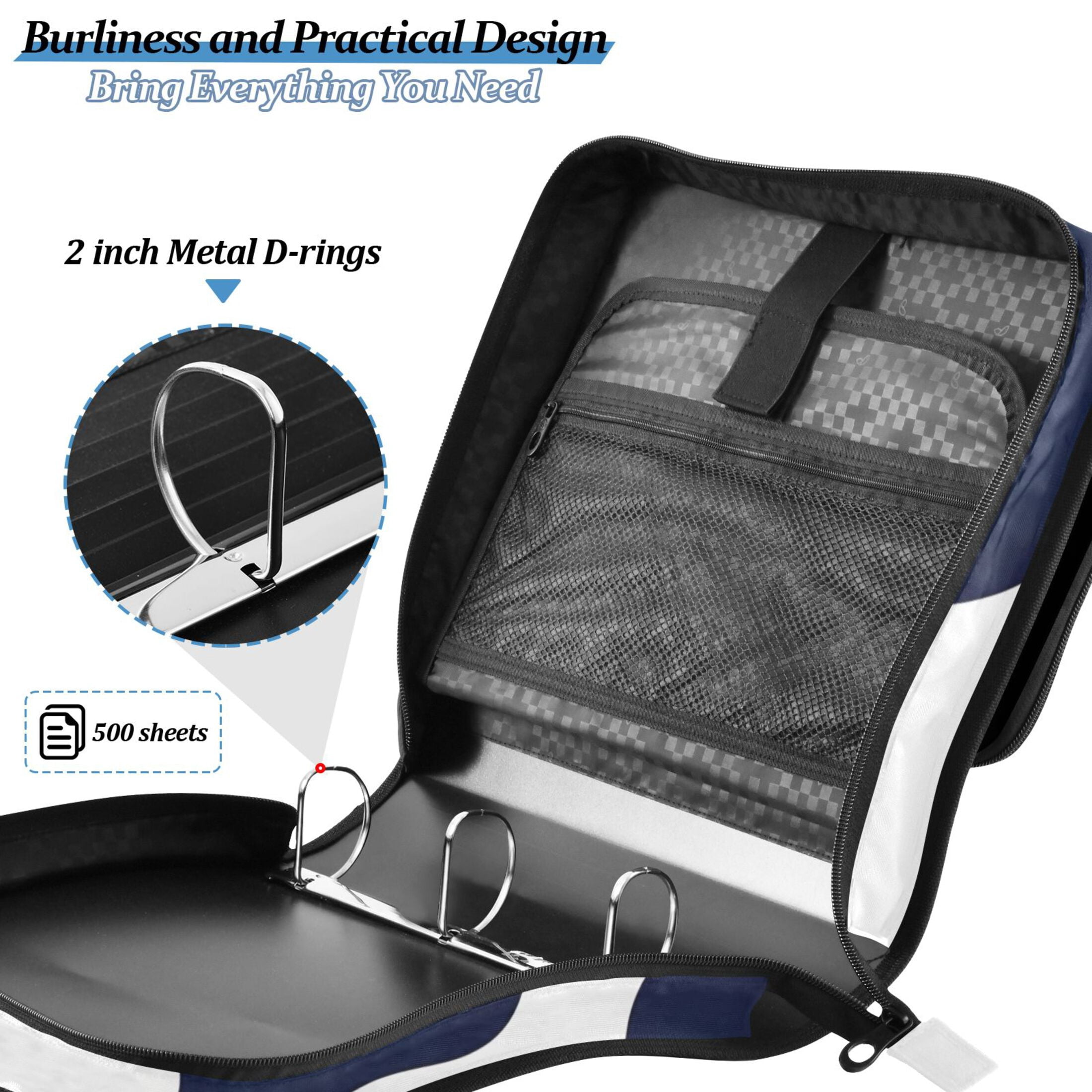 3 Ring Zipper Binder with Shoulder Strap Waterproof Trapper Keeper 2 Inch D-Ring 500 Sheets Capacity Dark Blue Spots
