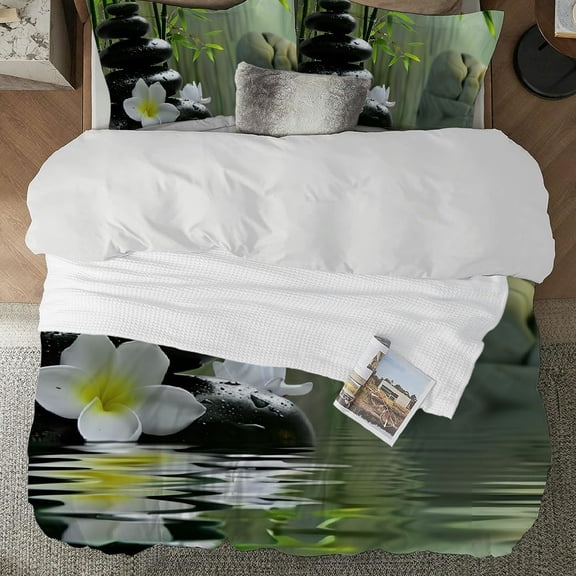 Pratyus Bamboo White Flowers 3-Piece Bedding Set (1 Duvet Cover   2 Pillow Shams) Zipper Closure Single Sided Printing 87x68in
