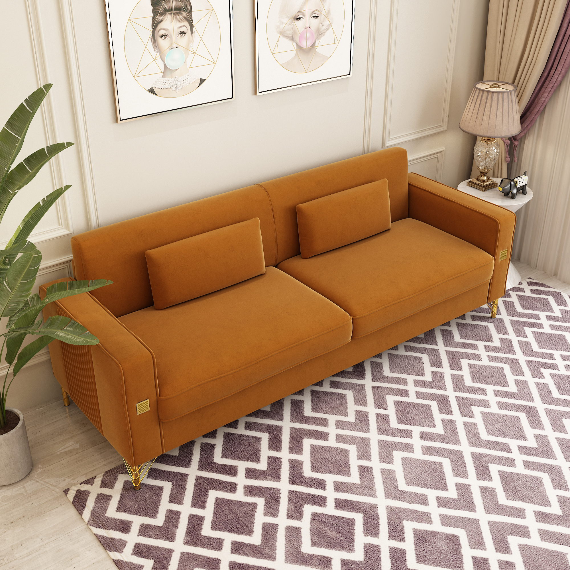Modern Velvet Upholstered Sofa Couch with Pillows Removable Cushions and Gold Metal Legs for Living Room Office Apartment