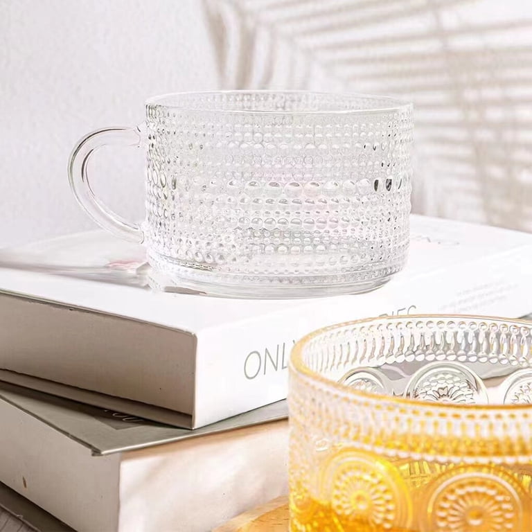 Vintage Coffee Mugs 4pcs Set, Clear Embossed Tea Cups With Bamboo Lids