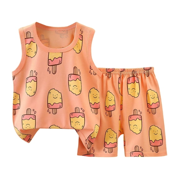 Emitonse Toddler Kid Girl Outfits Clothes Fashion Casual Girls Sleeveless Vest Shorts Set Comfortable Breathable Stylish Cartoon Girls Set Orange,12-18 Months