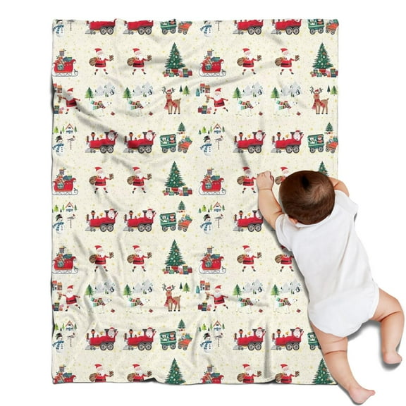 Beige Christmas Santa and Train Pattern Blanket,Comfortable Soft Flannel Throw Blanket,All Season,Warm Lightweight Blankets for Sofa Bed Couch Living Room Chair,30"x40"