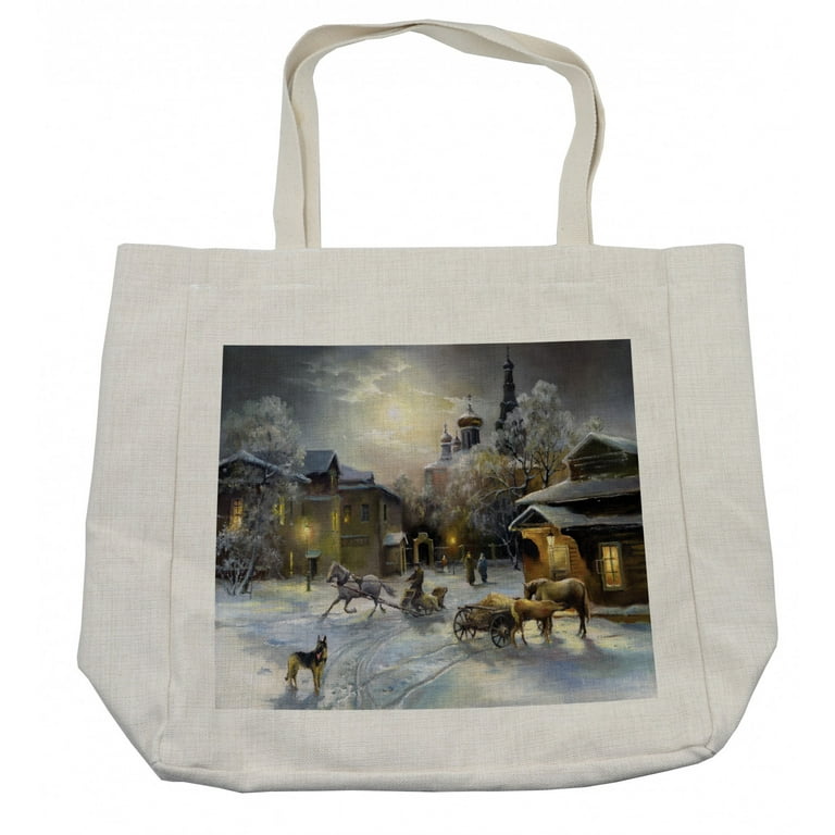 Country Shopping Bag Winter Landscape of a Western Town at Night in New World Rurals in Retro Style Art Eco Friendly Reusable Bag for Groceries Beach and More 15.5 X 14.5