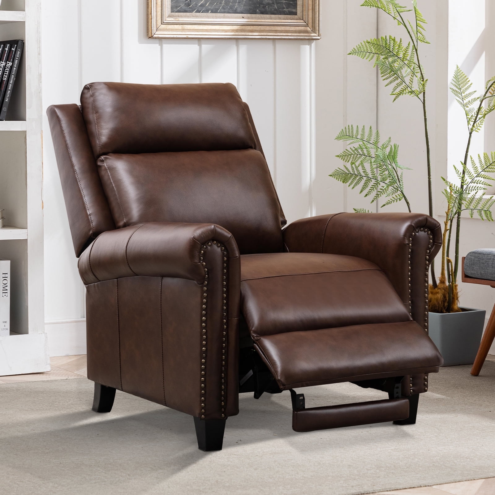 Bonzy Home Genuine Leather Recliner with Classic and Traditional Armrests inlaid with Vvintage Rivets Push Back Chair for Living Room Bedroom Brown Walmart