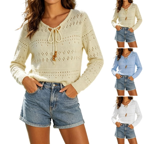 Asxite Women Summer Tops Long Sleeve Knit Crochet Cover Up Beach Swimsuit Bikini Solid Sheer Shirts