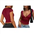 thumbnail image 2 of Camisetas Sin Mangas para Mujer, de Verano, con Cuello en V, para Salir, con Encaje Fruncido, Camisetas Casuales de Moda. Vino Tinto M, 2 of 6