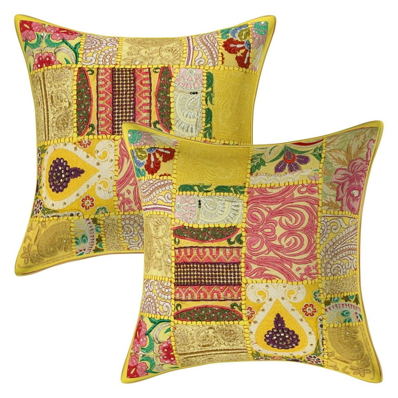 Stylo Culture Ethnic Cotton Decorative Throw Pillow Covers Lemon Yellow 16x16 Bohemian Vintage Patchwork Ethnic Sofa Cushion Covers 40 x 40 cm Home Decor Floral Square Pillow Cases | Set Of 2