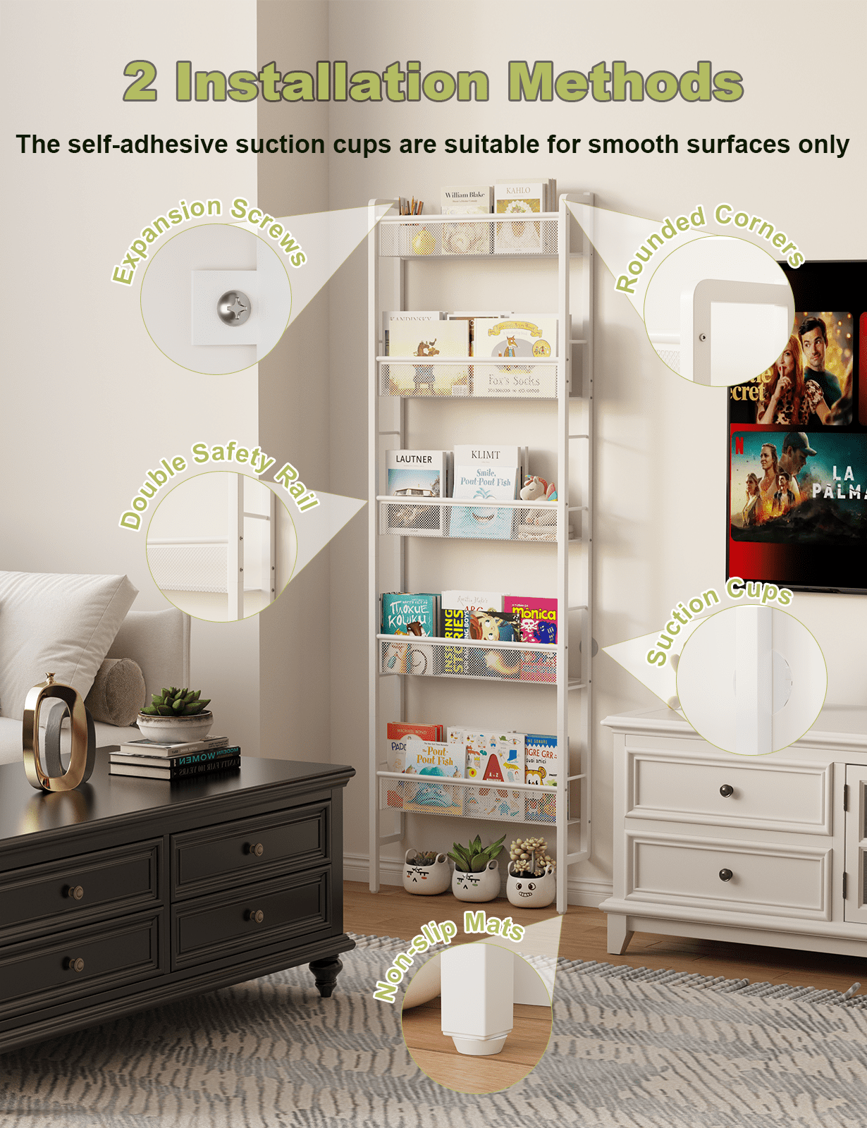 Cyxphion B8 Wall Mounted Metal Bookcase, 6-Tier Mesh Storage Shelf Organizer, Heavy Duty Steel Wall Bookshelf for Home Office, Living Room, Study, White