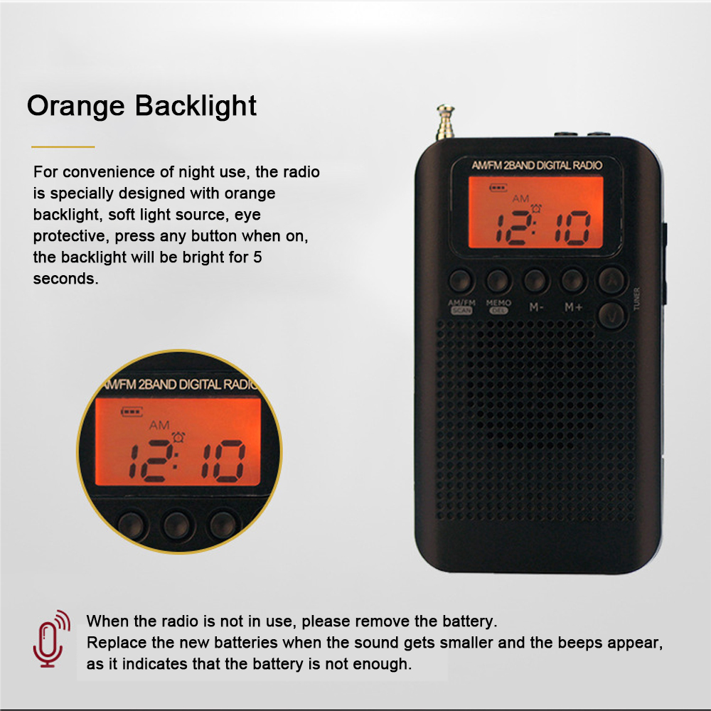 HRD-104 Portable AM/ FM Stereo Radio Pocket 2-Band Digital Tuning Radio  Mini Receiver Outdoor Radio w/ Earphone Lanyard 1.3 Inch LCD Display Screen 