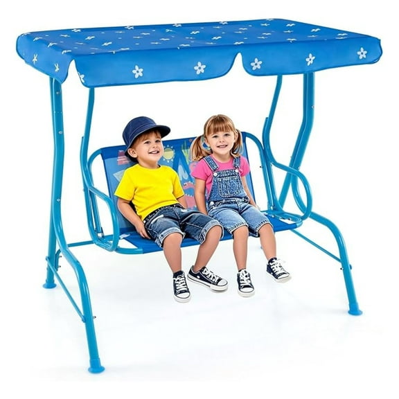 Kids Patio , 2-Seater Outdoor Porch Lounge Chair, Adjustable Canopy & Safety Belt, All Weather Resistant Waterproof Hanging for Garden Poolside Balcony(Blue Dinosaur)