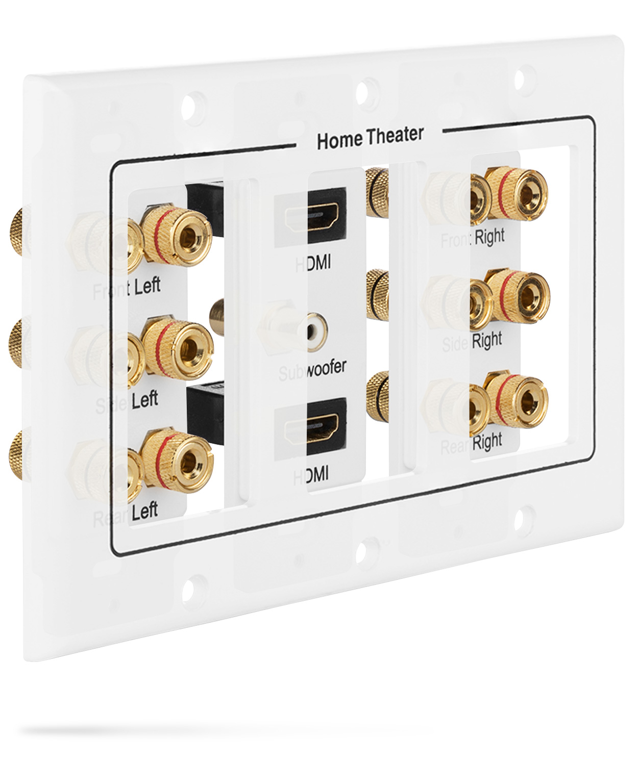 Fosmon HD8005 [3-Gang 6.1 Surround Distribution] Home Theater Copper Banana Binding Post Coupler Type Wall Plate for 6 Speakers, 1 RCA Jack for Subwoofer & 2 HDMI Ports - image 4 of 7
