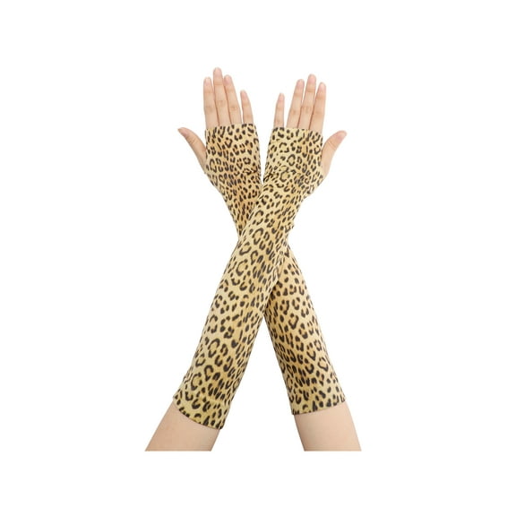 INSPIRE CHIC Women's Leopard Arm Warmers Ribbed Cuff Fingerless Arm Sleeves with Thumb Hole Long Gloves Brown One Size