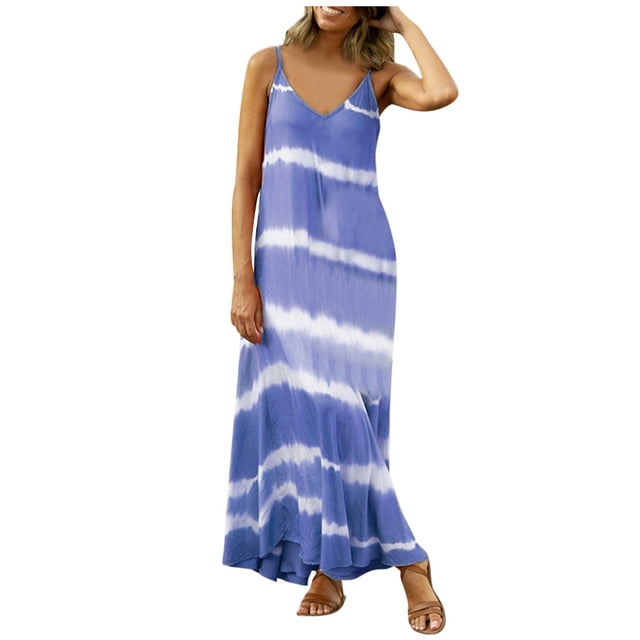 Gibobby Vestido Mujer Casual de Playa Verano Vestido largo sin mangas con teñido anudado (S-5XL) Vestido de mujer suelto con cuello en V informal a rayas para m(Azul,XXL)