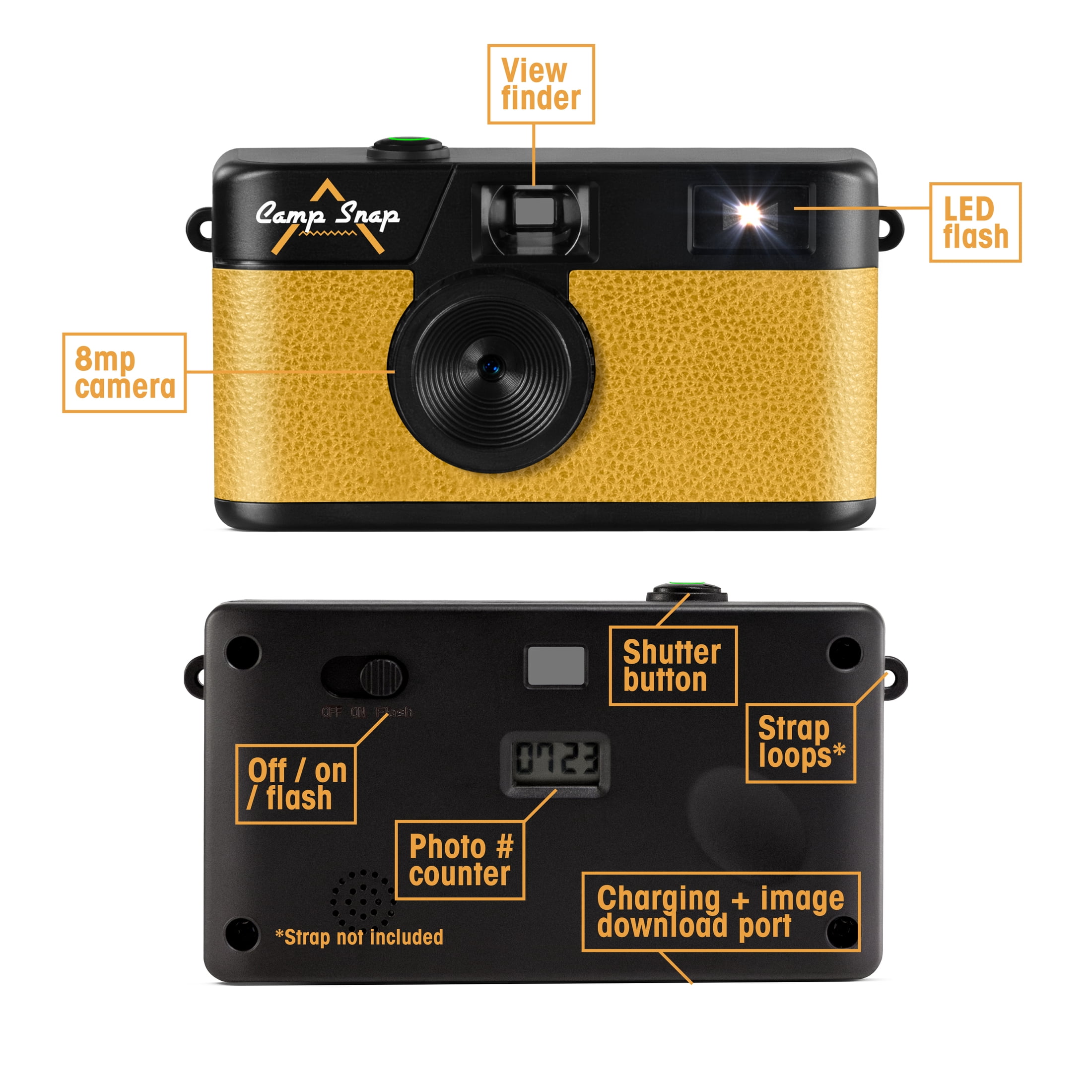 Camp Snap Screen-Free Digital Camera, Easy to Use, Point and Snap for All Ages, SD Card Included, Sunbeam Yellow