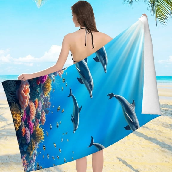 RKSupls Dolphin Coral Reef Tropical Fish Ocean Microfiber Beach Towel, Extra Large Quick Dry Lightweight Towel for Travel Swimming Camping, Soft Super Absorbent- 55.1x27.6in