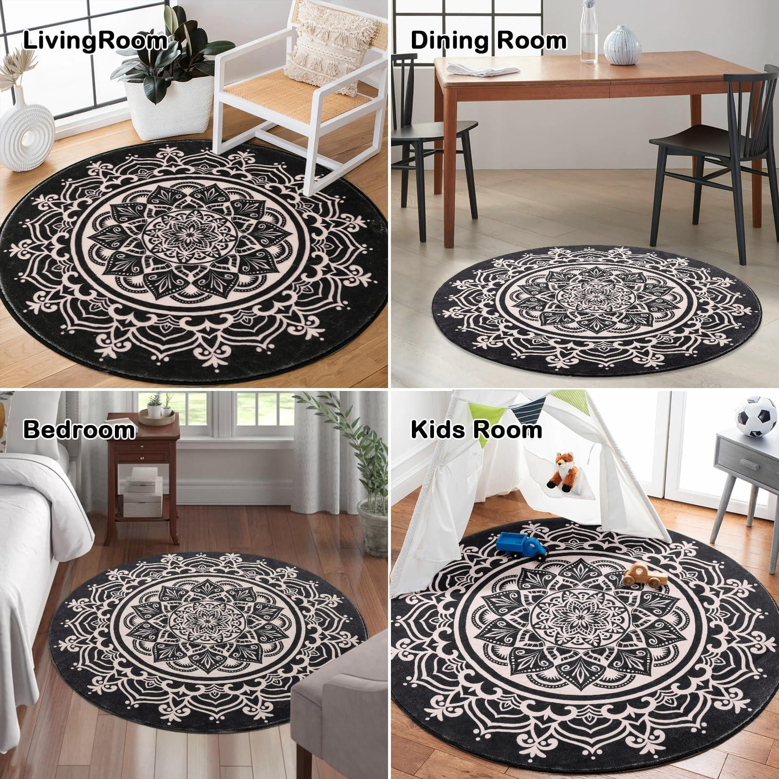 Carvapet Round Area Rug for Living Room, Non Slip Machine Washable Bathroom Rugs, Extra Soft Rugs for Bedroom, Boho Mandala Print Circle Rugs, 3ft Round Black