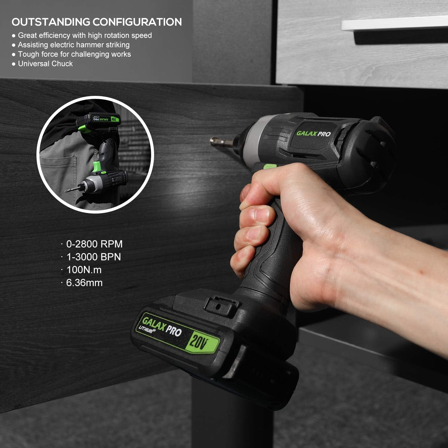 Impact Driver 20 V Lithium Ion 1/4" Hex Cordless Driver with LED Work Light, 6 Pieces Screwdriver Bits, Variable Speed (0-2800 RPM)- 1.3 Ah Battery and Charger Included