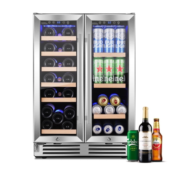 BODEGA Stainless Steel 24 inch Dual Zone Wine Refrigerator Upgraded 88 Cans 25 Inch 19 Bottles Built-in and Freestanding Wine Cooler