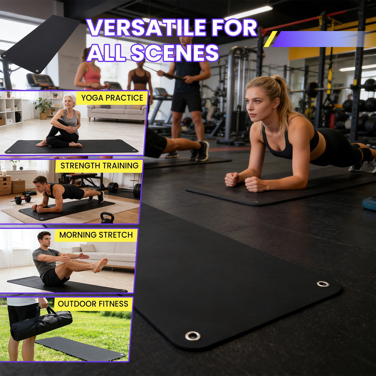 MAROUTE Commercial Grade Hanging Exercise Mat – Durable 5mm Thick PVC Yoga & Workout Mat with Reinforced Holes – Ideal for Home Gym, Pilates, Stretching, Group Fitness – Black