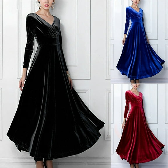 kakina CMSX Elegant Vintage Velvet Dress for Women Plus Size V-Neck Long Sleeve Pleated Maxi Dresses Retro Velour Casual Solid Color Long Dress