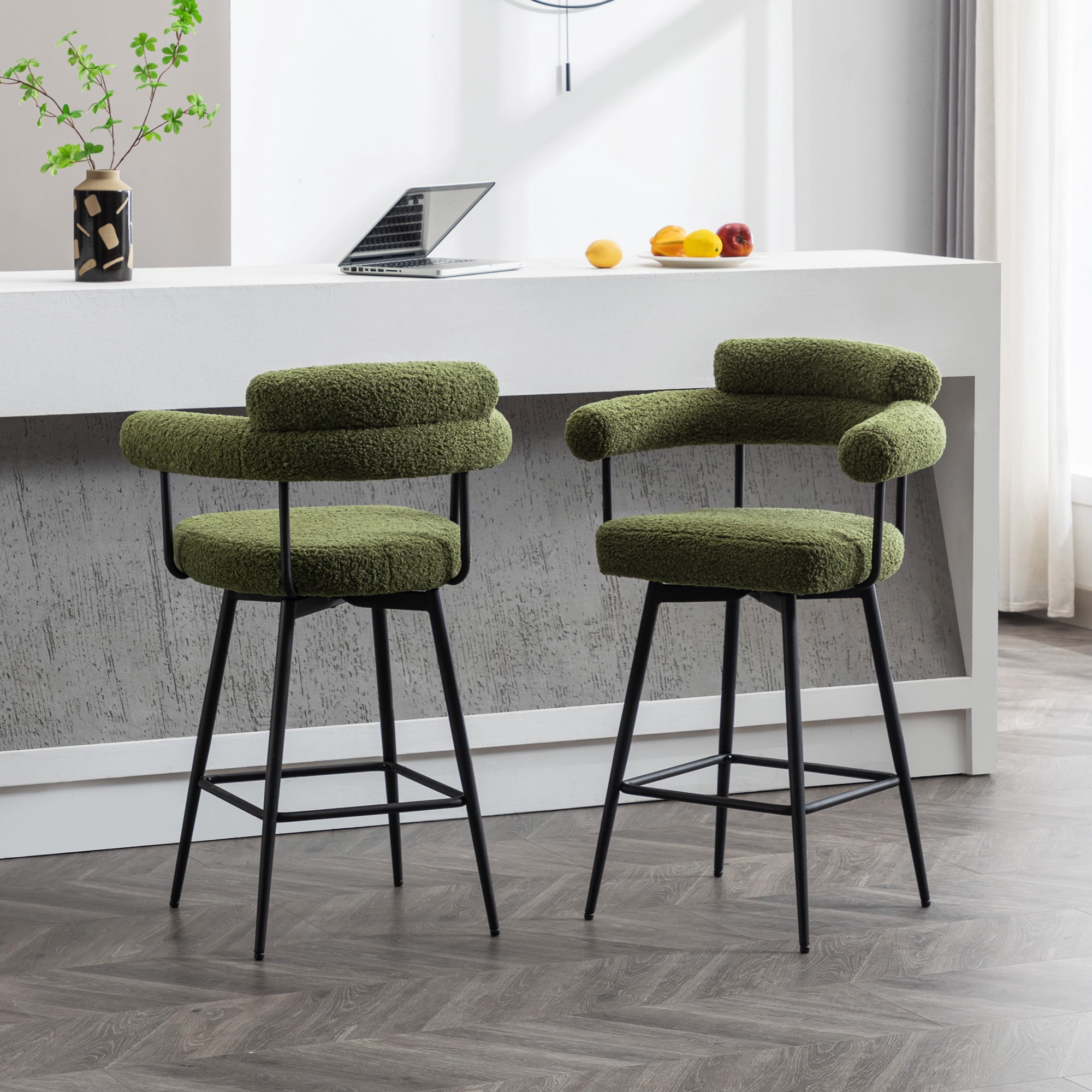 Zesthouse 26.7" Swivel Counter Stools Set of 2, Upholstered Sherpa Bar Stools with Back and Metal Legs, Modern Counter Height Chairs for Kitchen Island, Green