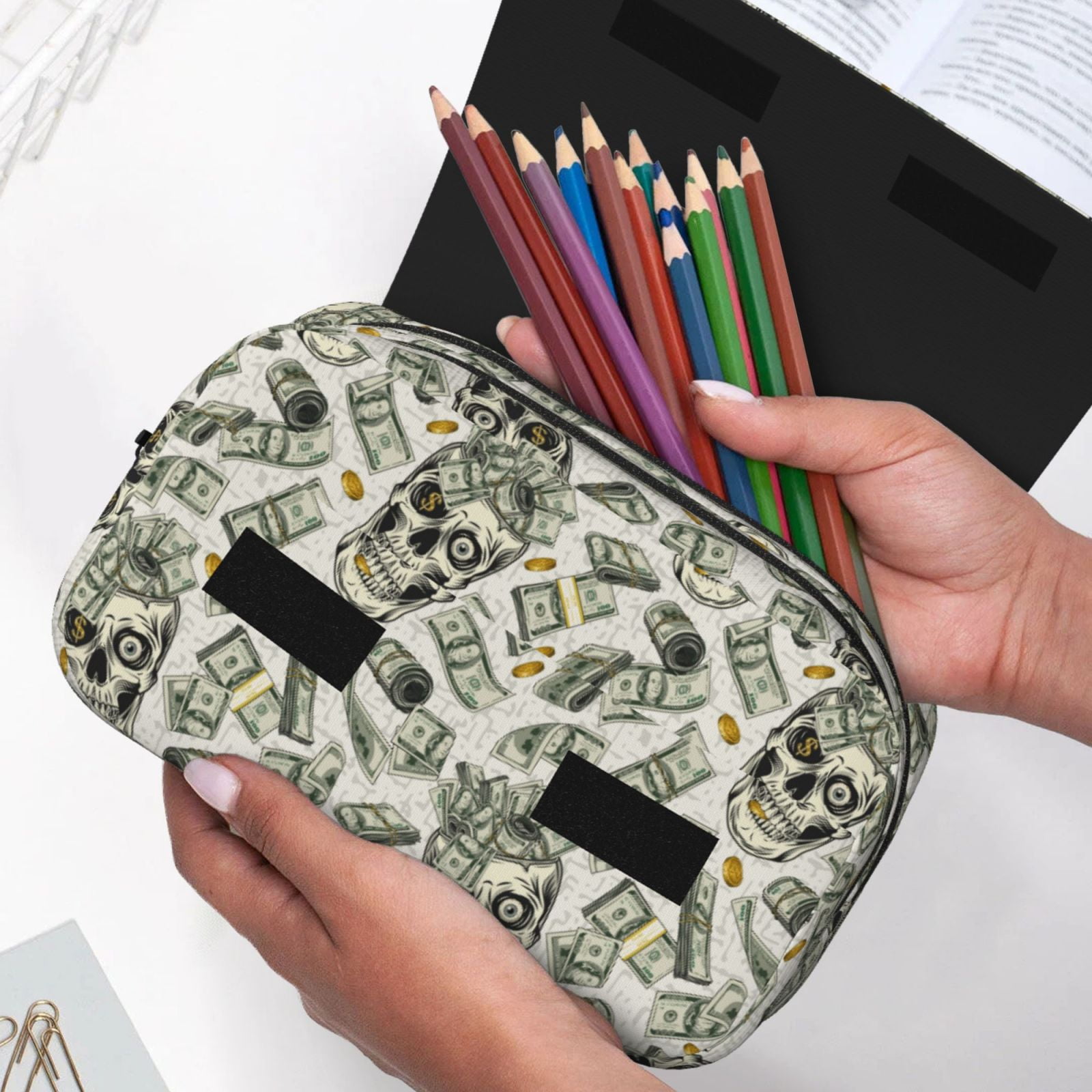 Rateoe Skull with Cash Pattern Double Clamshell Pen Case, Storage Organizer with Two Zipper Compartments– Holds Up to 50 Pencils & Pens