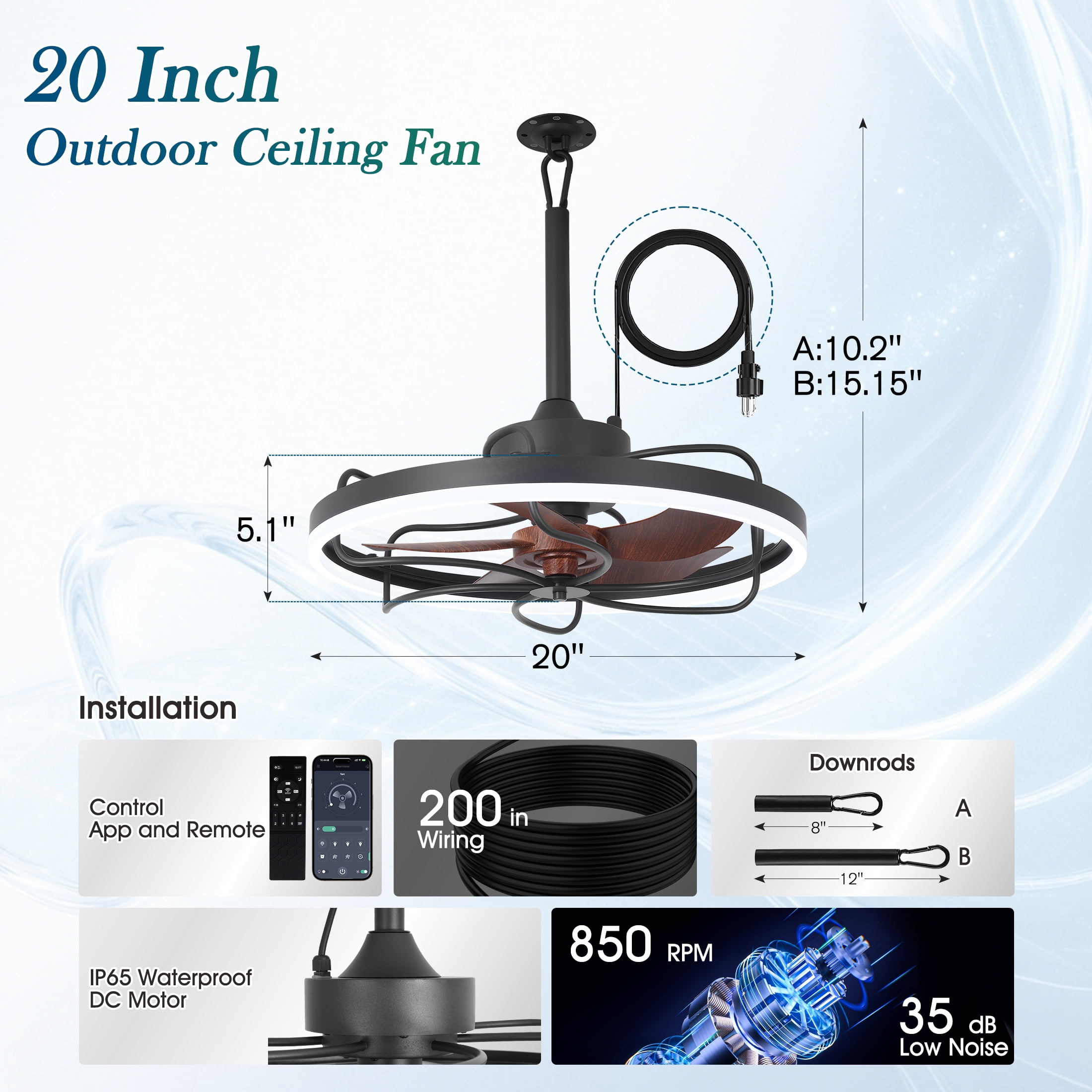 Erinnyees 20" Outdoor Ceiling Fan with Light and Remote Control,Waterproof Gazebo Fan,6 Speeds,3CcT Dimmable LED for Patio,Porch,Pergola,Black