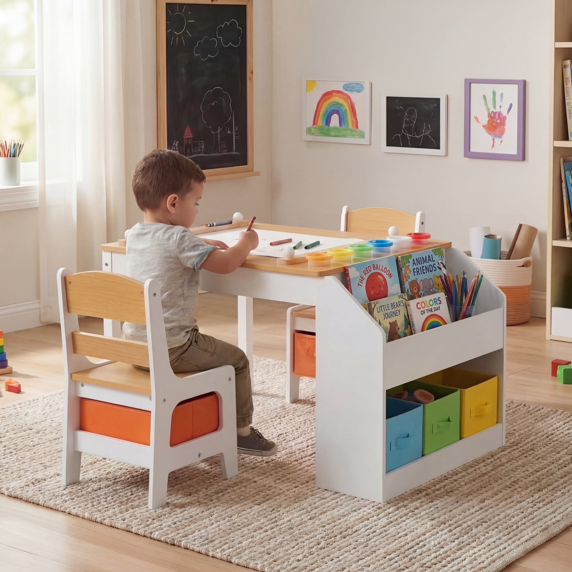 AILEEKISS Kids Table and Chair Set,Children Play Activity Desk for Drawing with 3 Drawers, Natural