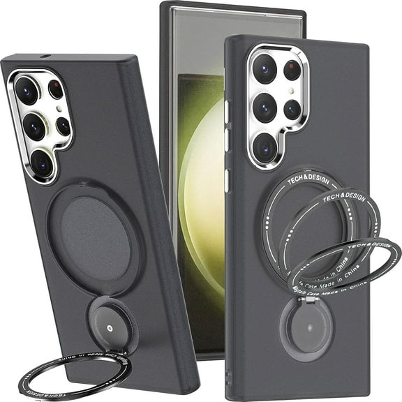 Magnetic Phone Case for Samsung Galaxy S23 Ultra Compatible with MagSafe, Military Grade Drop Tested with 360 Ring Metal Kickstand Clear Cover Case for Samsung Galaxy S23 Ultra XZ Black