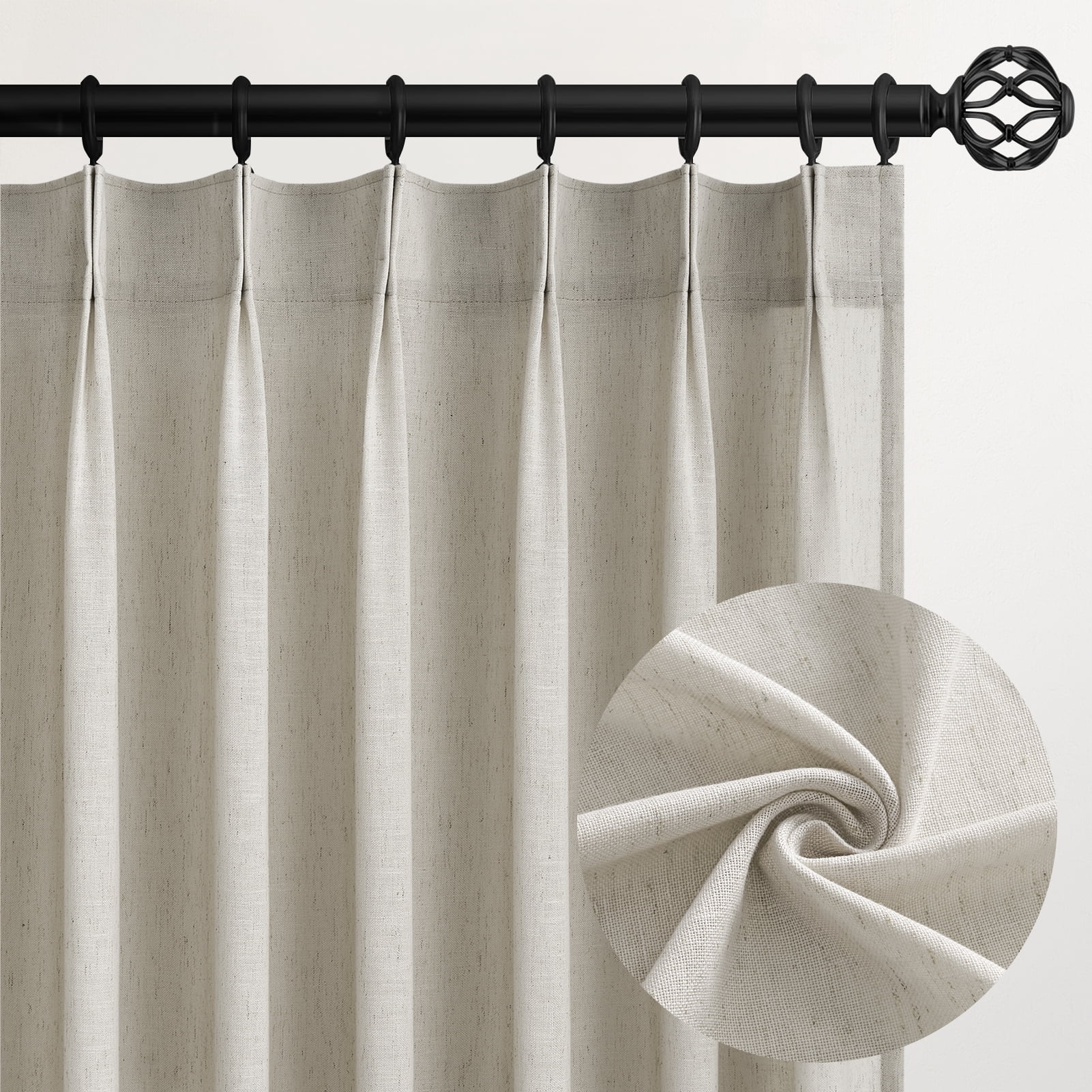 Jainmy Pinch Pleated Linen Curtains, Boho Light Filtering Living Room Bedroom Curtain,Window Treatments with Hook,Oatmeal, 40x96 inch, 2 Panels