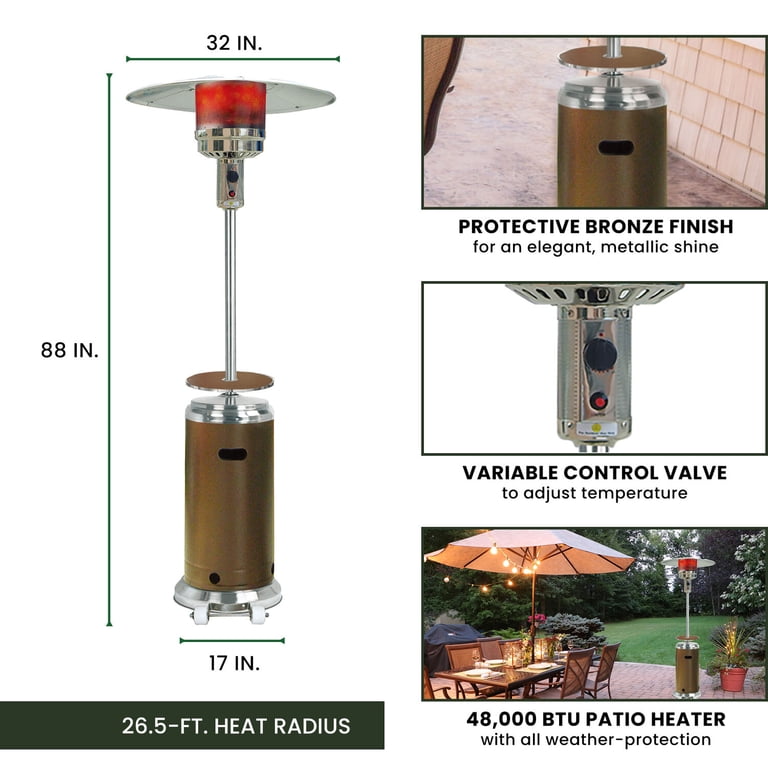 Hanover 7-Ft. 48,000 BTU Steel Umbrella Propane Patio Heater in  Bronze/Stainless Steel | Outdoor Heating for Patio, Deck, Backyard, Porch |  Push Button Start | Adjustable Temperature | HAN002BRSS - Walmart.com