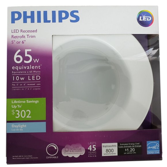 Philips 65 Watts Équivalent 5-6 Po 5000K DEL à Intensité Réglable, Lumière du Jour