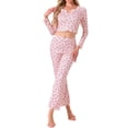 thumbnail image 2 of Conjuntos de pijama para mujeres INSPIRE CHIC con estampado de cerezas, blusa de cuello en V con volantes de manga larga y pantalones, ropa de casa de 2 piezas, L Rosa, 2 of 5