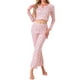 thumbnail image 2 of Conjuntos de pijama para mujeres INSPIRE CHIC con estampado de cerezas, blusa de cuello en V con volantes de manga larga y pantalones, ropa de casa de 2 piezas, L Rosa, 2 of 5