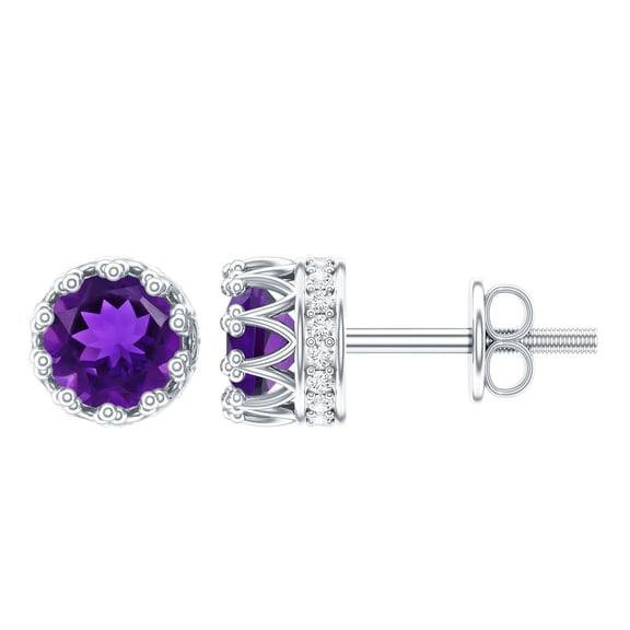 Rosec Jewels Real 7 mm Round Amethyst Solitaire Stud Earrings with Diamond - Vintage Earrings for Women - with Jewelry Box, 925 Sterling Silver