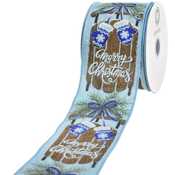 HOMEFORD Merry Christmas Mittens Sled Faux Linen Wired Ribbon, 2-1/2-inch, 10-yard, Light Blue