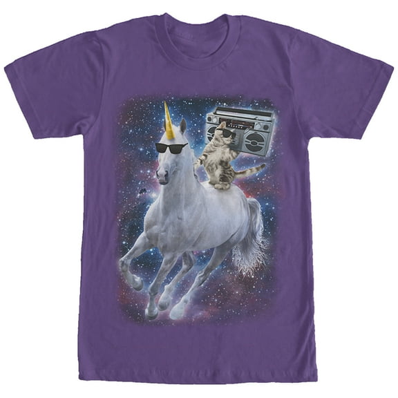 Men's Lost Gods Boombox Cat and Unicorn Space Song  Graphic Tee Purple Small