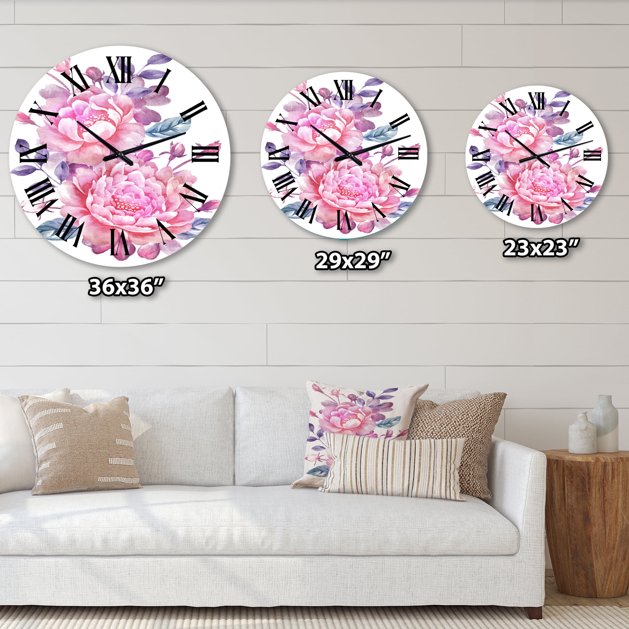 Designart 'Pink Retro Flowers With Blue Leaves' Traditional Wall Clock