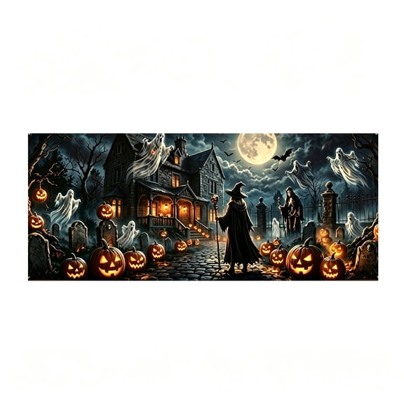 Halloween Garage Door Cover, Spooky Ghost and Pumpkin Decor, Castle Theme Outdoor Decoration, Durable Mural for Halloween Party, Trick-or-Treat Display