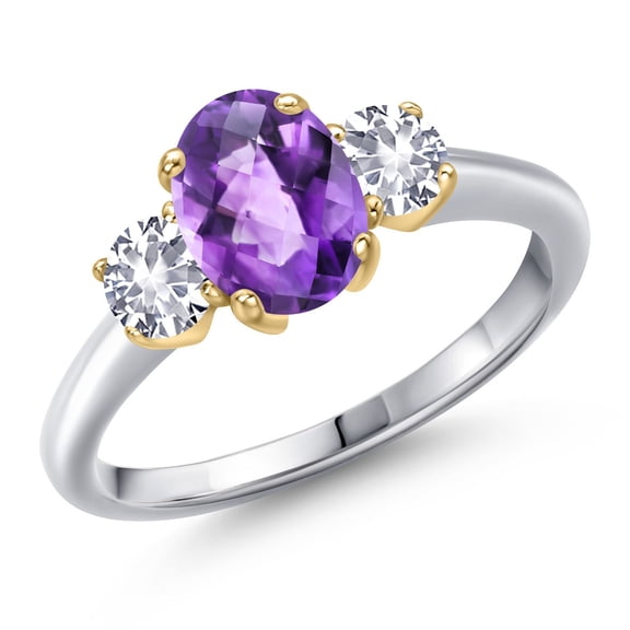 Gem Stone King 10K Two Tone Gold Purple Amethyst and White Created Sapphire Engagement Ring for Women | 1.70 Cttw | Oval Checkerboard 8X6MM | Gemstone February Birthstone | Size 9