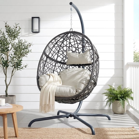 RADIATA Hanging Egg Chair with Stand, Outdoor Indoor Wicker Swing Chair, 450Lbs Nest Chair with Cushions, All-Weather Patio Hammock Seat for Porch Balcony Garden, Beige