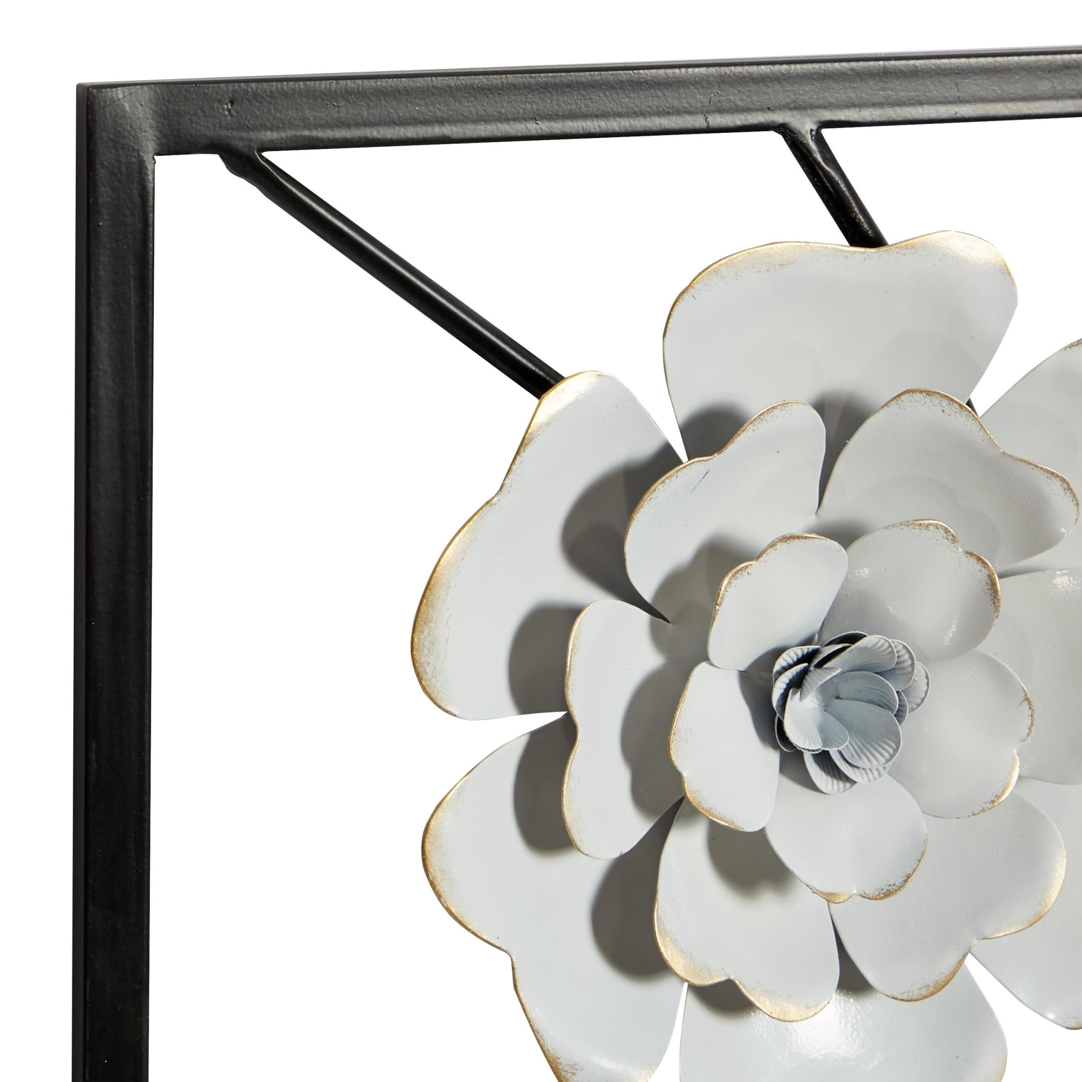 DecMode White Metal Dimensional Floating Floral Wall Decor with Black and Gold Accents (2 Count)