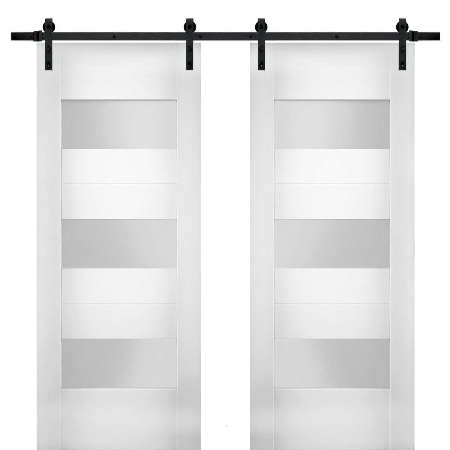 Modern Double Barn Door 64 x 96 inches with Opaque Glass 4 Lites/Mela 7222 White Silk/Stainless Steel 13FT Rail Track Set/Solid Panel Interior Doors 