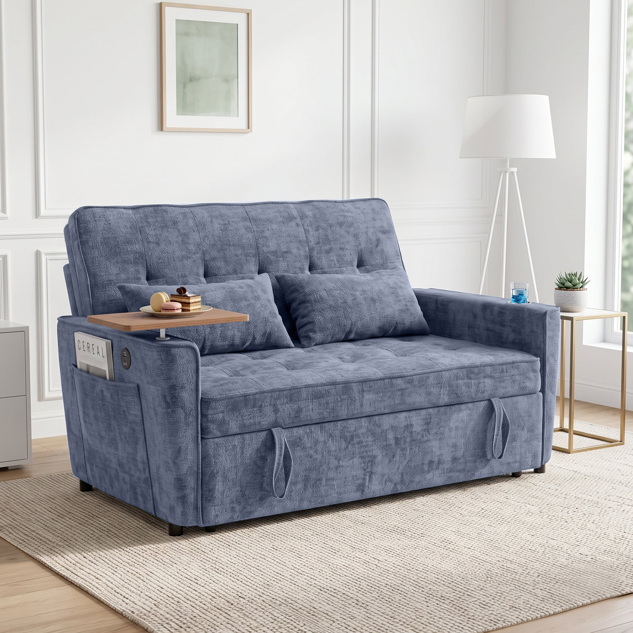 AISWORD 54" Convertible Pull Out Sleeper Sofa Bed, Chenille Loveseat Couch with USB Port, Side Tray Table, Cup Holder, Storage Pockets & Adjustable Backrest for Small Spaces, Blue