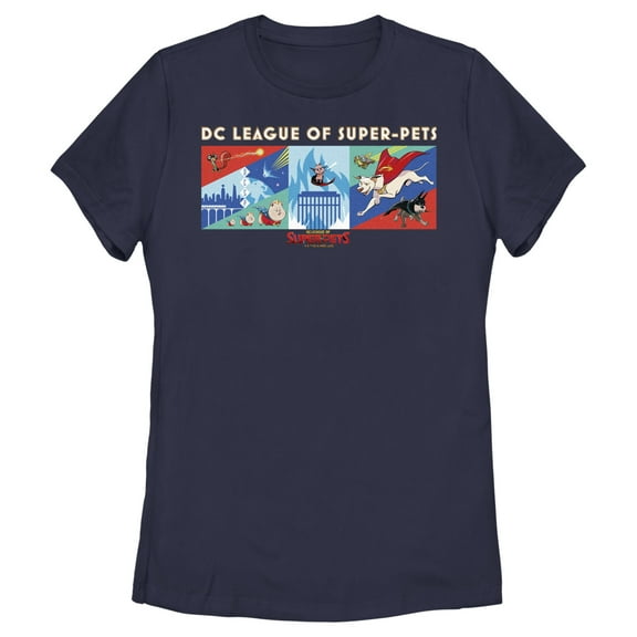 Women's DC League of Super-Pets Super Pack Panels  Graphic Tee Navy Blue Medium